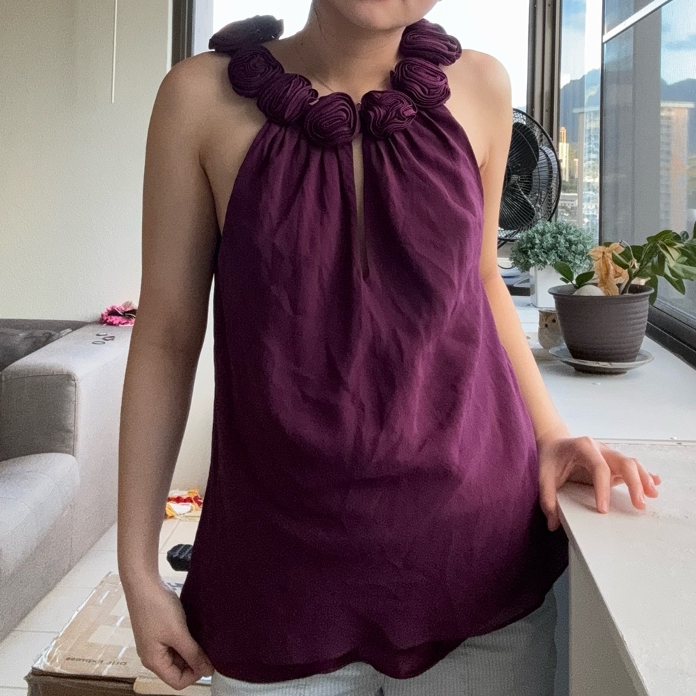 Donna Ricco Vintage Y2K Rose Neckline Flowy Purple Tank Top Size 6 100% Silk